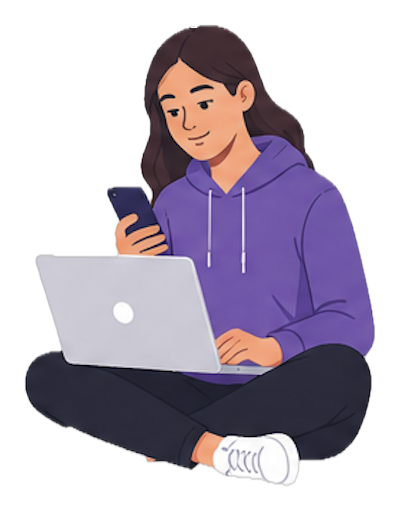 Student studying on laptop and phone